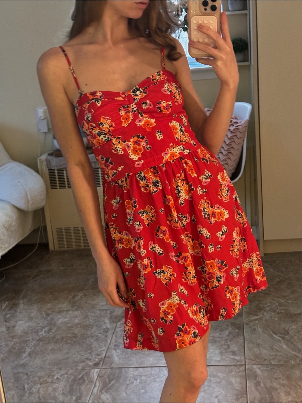 American Eagle red floral mini dress with pockets - size 2